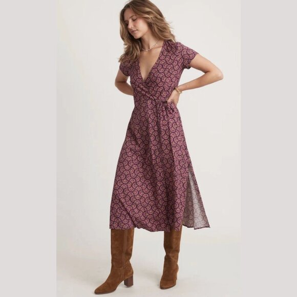 New! Marine Layer Emlyn Print Midi Wrap Dress In Fan Block Print XS 2804 - Picture 3 of 13